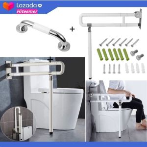 2Pcs 300KG Load Bearing Toilet Grab Bar Set Bathroom Safety Handrail Folding Drop Down Foldable Wall Mounted Toilet Support Bathroom Aid Assist Rail for Disabled Elderly Pregnant Woman