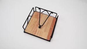 Napkin Holder Iron Flat Serviette Holder Freestanding Wooden Base Square Paper Raised for Kitchen Office Table Reusable