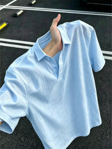 LIUBU | Light Blue Flax Silk Old Money Style Short Sleeve Polo Shirt