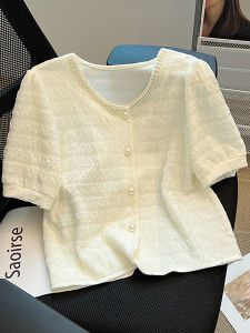 Big Sale Leak-Picking ~ Counter Withdrawal Export Summer Beaded V-neck Chiffon Shirt Womens Puff Sleeves Chic French Tops Fashion