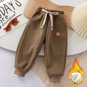 กางเกงกันหนาวเด็กสำหรับฤดูใบไม้ร่วงและฤดูหนาว บุขนหนา พร้อมผ้าฟลีซเสริม สำหรับเด็กเล็กและเด็กกลาง ผ้าฟลีซอัลปาก้า พร้อมสายรัดขา