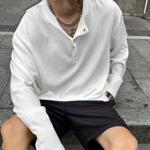 Large Size Long Sleeve T-Shirt Mens Spring Autumn American Retro Draping Three Button Placket Shirt Youth Casual round Neck