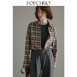 POPCHRIO | Áo Blouse cổ V sâu Vintage họa tiết caro 100% Cotton tay dài cho nữ