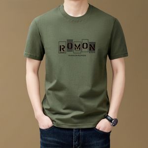 ROMON | Lormen Mens Short Sleeve T-shirt Summer Thin Pure Cotton Printed Casual Top Ice Silk Fashionable Round Neck Standard Fit Urban Style