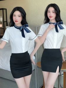 ชุดทำงานสปาสำหรับผู้หญิง ชุดกระโปรงทรงเอเอวกลาง แขนสั้น กระโปรงสั้น สไตล์เกาหลี เอวกลาง โพลีเอสเตอร์ ชุดกระโปรงสองชิ้น