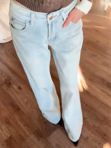 MANMI | Quần Jeans Chân Rộng Màu Xanh Nhạt eo Cao Phom Rộng Slim Fit