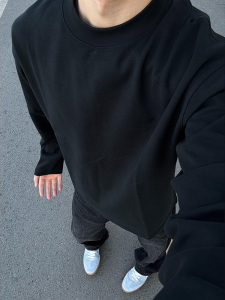 Áo Thun Nam Tay Dài Màu Đen Phong Cách Mỹ Cotton Nguyên Chất Thường Ngày Mùa Thu Cổ Tròn Thoải Mái Thoáng Khí