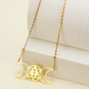 Kemstone Vintage Hollow Star Moon Crescent Pendant Necklace for Women Stainless Steel