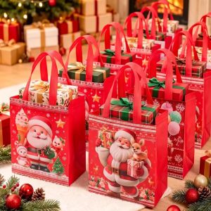 10Pcs Christmas Tote Bags Santa Claus Snowman Red Handbags Gift Packaging Bags for Xmas Party Shopping Storage