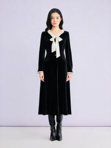 Elegant Bow Ruffle V-Neck Waist Cinching Velvet Dress