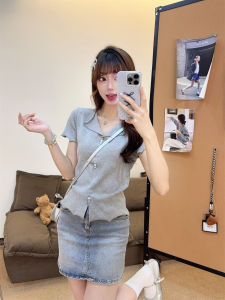 Miu Style V-Neck Short Sleeve T-Shirt Womens Design Sense Side Slit Slim Fit Korean Version Commute Style Cotton Blend