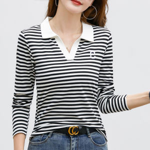 Women Long Sleeve Polo Collar T-shirt Casual Elastic Tee Embroidery Tops