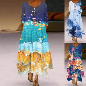 Loose Printed Long Sleeve Irregularmaxidress Loose Print Long Sleeve Dress