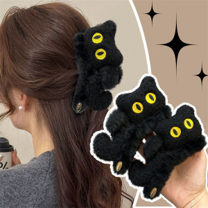 Cute Cartoon 3D Black Cat Plush Hairpin 2025 New Large Size Grab Shark Clip Headdress Hair Claw Winter Versatile Exquisite Women girls