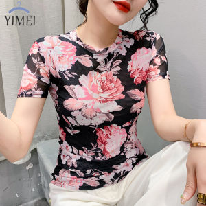 YIMEI Áo Thun Nữ In Hình Đẹp Áo Gạc Cổ Tròn Tay Lỡ 2023 Mùa Hè Quần Đùi Thời Trang Áo Thun Cổ Điển Dáng Ôm Và Phong Cách Phương Tây