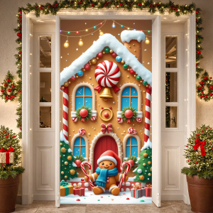 Gingerbread House Holiday Banner Christmas Decoration Cartoon Design Santa Theme for Christmas Party Children Celebration Indoor