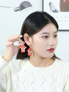 ต่างหูรูปโคมไฟสีแดง ต่างหูแบบยาวคล้องหูสไตล์ใหม่สำหรับผู้หญิง ไม่ต้องเจาะรู ดีไซน์เรขาคณิต วัสดุผสม เครื่องประดับแฟชั่น