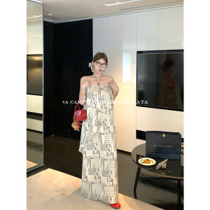Summer Printed Strapless Satin Long Dress Womens Loose Fit Holiday Gown Korean Style A-Line Skirt No Sleeve Comfortable Dress