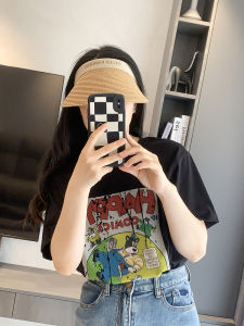 Loose Cotton Short Sleeve T-Shirt Womens Retro American Cartoon Print Comfortable Breathable Summer Top Half Sleeve Tee
