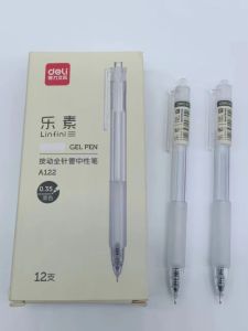 ปากกาหมึกน้ำสีดำ Deli A122 ด้ามจับแบบกดแบบเต็มท่อสำหรับนักเรียนและธุรกิจ อุปกรณ์สำนักงาน สไตล์เรียบง่าย บรรจุภัณฑ์กล่อง