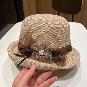 หมวกทรงกลมสไตล์ย้อนยุคแบบสวมสำหรับผู้หญิง หมวกปีกโค้งชายหาดฤดูร้อน หมวกปาร์ตี้แบบสวมที่ระบายอากาศได้ดีและป้องกันแสงแดด