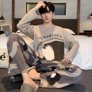 ชุดนอนผู้ชายแขนยาวบาง ผ้าฝ้ายแท้ ชุดอยู่บ้าน ลายการ์ตูน ใส่ได้ทั้งในและกลางแจ้ง ไซส์ใหญ่ ฤดูใบไม้ผลิและฤดูใบไม้ร่วง