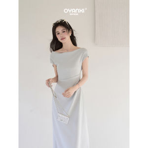 OUYANGXI | Đầm Xanh Kéo Dây eo Ống Dài