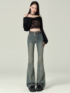 High Waist Bell Bottom Jeans Womens Stretchy Denim Pants for Pear Shaped Body Slimming Large Size Cotton Polyester Blend