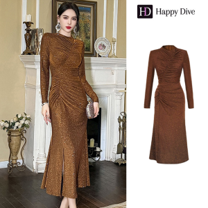 Happy Diva เดรสผู้หญิง เดรสสีม่วง สีกาแฟ เดรสแขนยาว เดรสหางปลา เดรสเงางาม เดรสไฮโซ เดรสวินเทจ เดรสออกงาน เดรสปาร์ตี้ เดรสฝรั่งเศส 30615