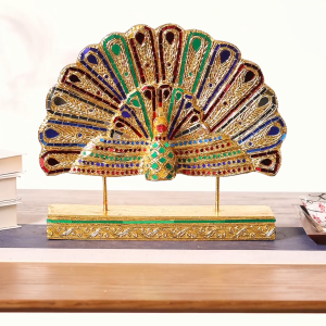 นกยูงไม้แกะสลัก งานหัตถศิลป์ไทย 35x33ซม. สำหรับวัด คาเฟ่ สปา ตกแต่งบ้าน