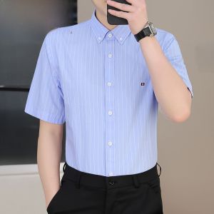 HENGYUANXIANG | Hengyuanxiang Mens Short Sleeve Shirt Embroidered Stripes Pure Cotton Casual Breathable Iron Free High End Shirt Summer Fashion Urban Style