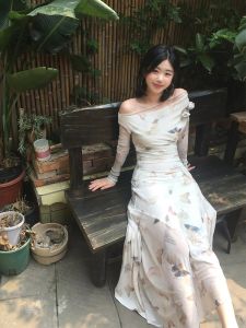 French Style Layered Tea Break Dress Womens Spring Summer Thin Butterfly Print Asymmetrical Long Skirt Street Style A-Line Dress