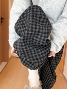 Retro High Waist Plaid Wide Leg Pants Womens Autumn Winter Fleece Lined Loose Straight Cut Trousers Comfortable Casual Pants