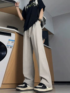 กางเกงลำลองชายผ้าไหมน้ำแข็งสีเทา ทรงตรง ทรงบาง แห้งเร็ว ทรงหลวม ทรงลำลอง กางเกงขายาวทรงตรง ทรงหลวม ทรงลำลอง