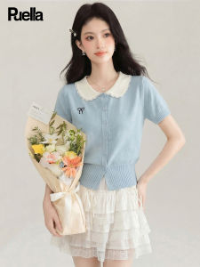 puella | Korean Style Lace Trimmed Peter Pan Collar Short Sleeve Knit Top