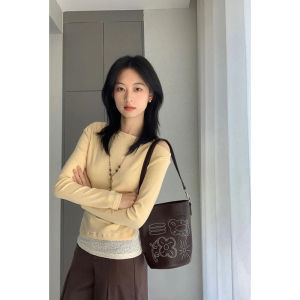 YOZO STUDIO Asymmetric Lace Splicing Long Sleeve Slimming Knitted Top Womens Fashion Commute Style Regular Length Pure Color