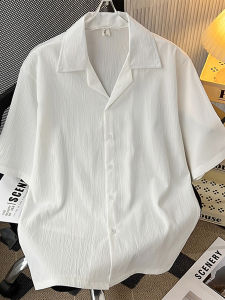 New Chinese Style Loose Fit Button up Shirt Womens Mens Trendy Summer Half Sleeve Folded Edge Cardigan Casual Sharp Look