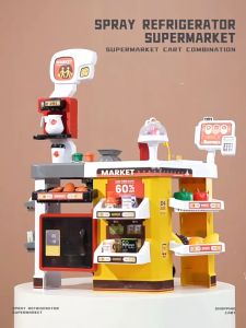 Bộ đồ chơi quầy thu ngân siêu thị cao cấp 65 chi tiết có xe đẩy tủ lạnh âm thanh đèn phun sương quét mã như thật