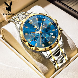 PLAYBOY นาฬิกา ผู้ชาย กันน้ำ 100% ของแท้ หน้าปัดเพชรแฟชั่น โครโนกราฟ ปฏิทิน เรืองแสง ข้างขึ้นข้างแรม นาฬิกาข้อมือ