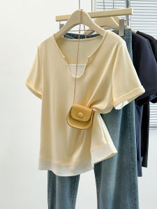 Design Sensation Fake Two-Piece Shoulder T-Shirt Women Summer plus Size Loose Slimming Belly Covering Top Cotton V-Neck Short Sleeve