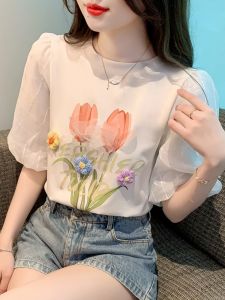 Sweet Style White Short Sleeve T-Shirt Womens Beautiful Three-Dimensional Flower Bubble Sleeve Top Fashionable Summer Shirt