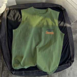 Loose Fit Pure Cotton American Retro Basketball Print Mens Tank Top Sleeveless Summer New Style Military Green Shoulder Pad