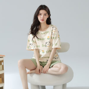 Miiow | Pure Cotton Womens Sleepwear Set With Chest Pad Summer 2025 Short Sleeve Shorts Two-Piece Set Can Be Worn Outside Home Clothes