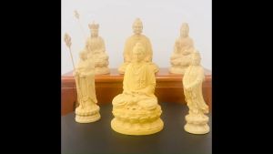 Tượng Phật Ta Bà Tam Thánh chất liệu Gỗ Hoàng Dương Mộc size 10 -12cm nhập khẩu làng nghề chạm khắc tượng Đài Loan