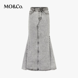 MO&Co. | Retro Washed Denim Skirt with Laser Cut Holes and Fish Tail Hem
