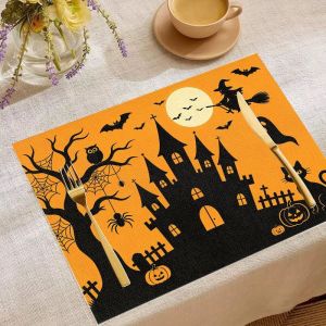 VIKAMA 2/4/6PCS Halloween Thanksgiving Meal Mat Pumpkin Ghost Bat Maple Leaf Table Mat Absorbent Non slip Table Decoration