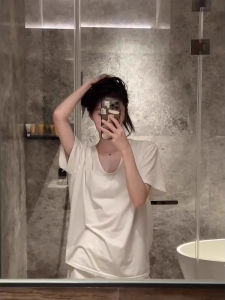 Loose Fit Korean Style U-Neck Short Sleeve T-Shirt Womens Summer Casual Cotton Top Large Opening Lazy White Fashionable