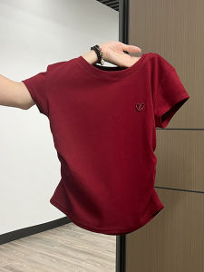 Red round-Neck Beautiful Short-Sleeved T-shirt Womens Summer Shoulder Pleated Waist Tight Slim Looking Niche Design Unique Tops