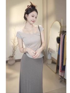 YUEZHONGWEI | Gray U-neck Short Sleeve T-shirt Womens Summer Slim Fit Waist-Cut Belted Top Korean Style Commute Fashion Unique Beautiful