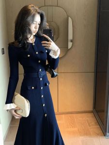 SHANGSHA | Luxurious Formal Evening Dress Blue Waist-Cinching